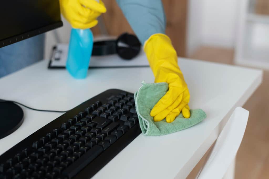 Nettoyage d'un bureau blanc avec gants jaunes, spray bleu et chiffon vert près d'un clavier noir.