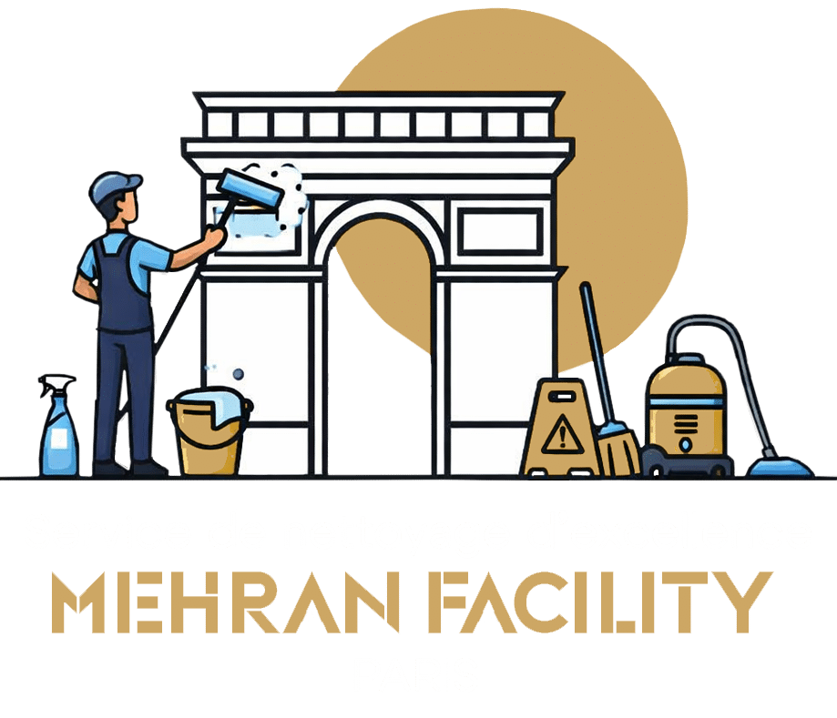 Mehran Facility : agent nettoyant un monument avec outils professionnels sur fond circulaire doré.