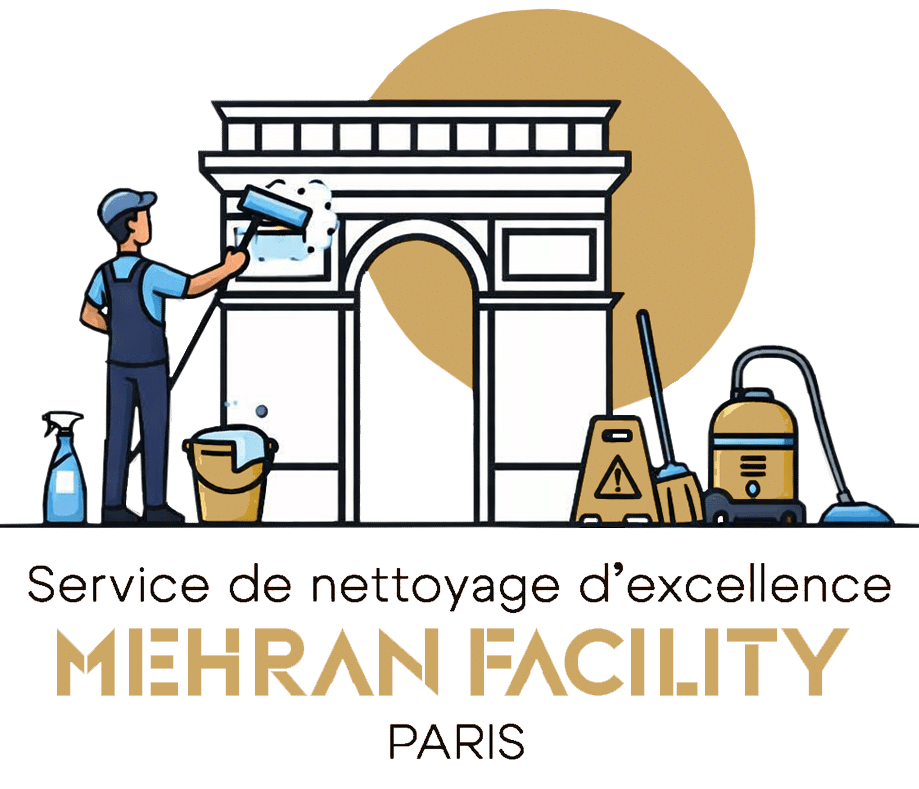 Nettoyage Paris : Mehran Facility, Service d'Excellence Mehran Facility Paris : nettoyage d'excellence avec agent devant l'Arc de Triomphe.