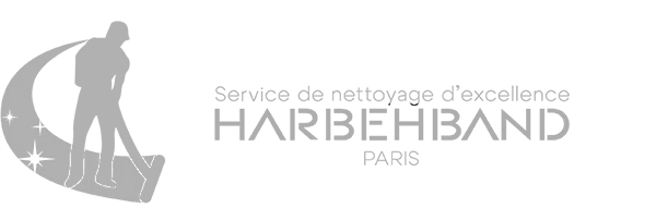 Service de nettoyage d'excellence à Paris - Harbehband Logo Harbehband, service de nettoyage d'excellence Paris, avec silhouette d'agent et étincelles.