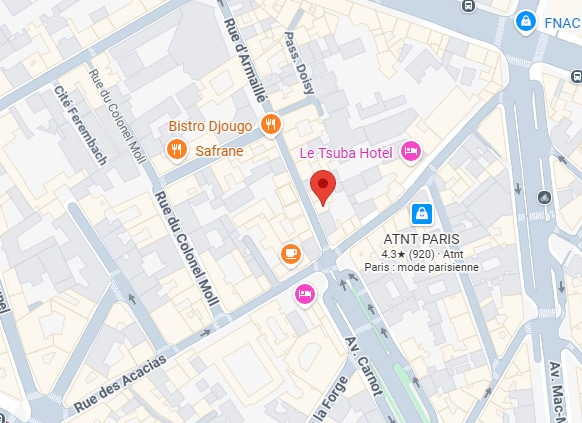 Localisation Le Tsuba Hotel Paris : Plan et Accès Carte de Paris montrant Le Tsuba Hotel et la Rue d'Armaillé avec un marqueur rouge de localisation.